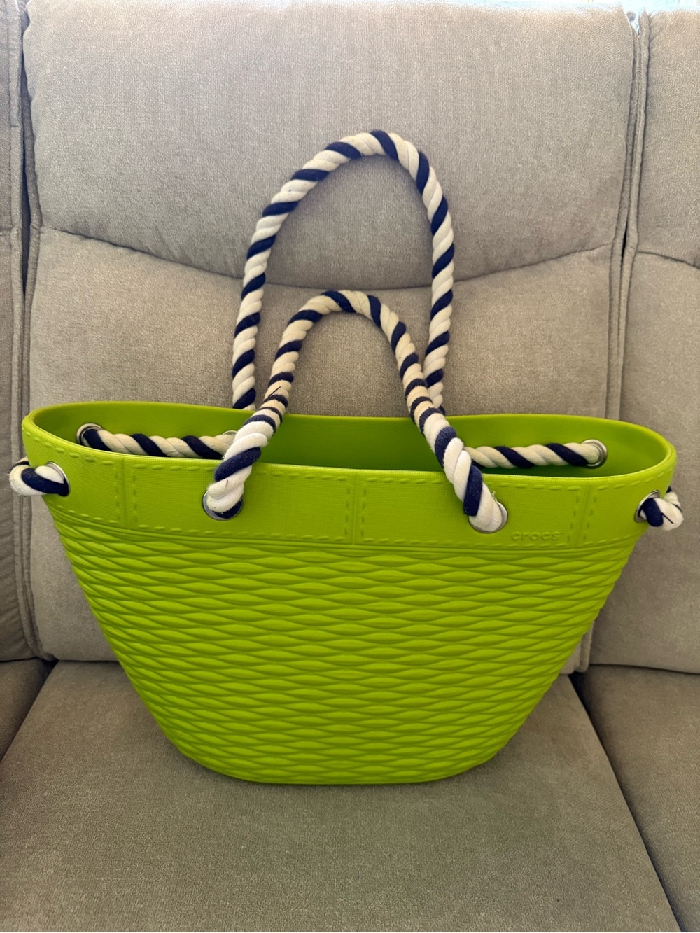 CROCS Lime Green Tote with Navy-and-White Rope Handles